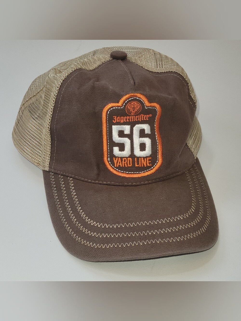 Jagermeister 56 Yard Line Trucker Hat Brown Tan Mesh Snapback Retro Barwear